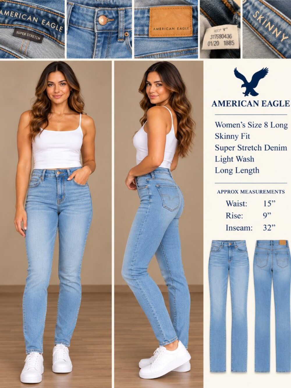 Skinny Fit American Eagle Super Stretch Light Wash Size 8 Women's Long Jeans
